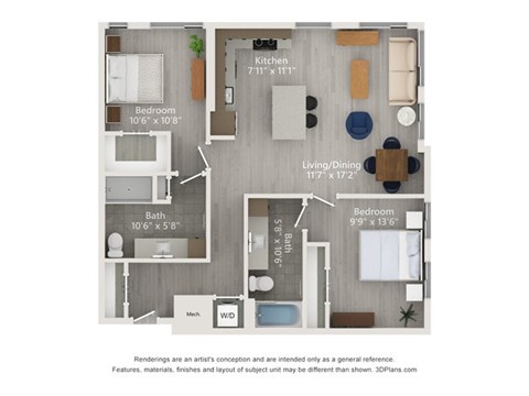 A floor plan of a small apartment with a kitchen, two bathrooms, and three bedrooms.